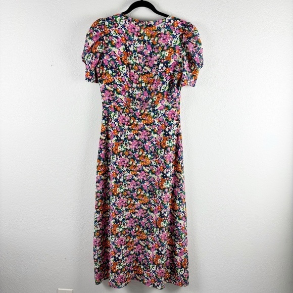 Saloni Bianca Printed Silk Puff Sleeve Midi Dress Pink Rosette Size 12 Cocktail - Picture 6 of 9